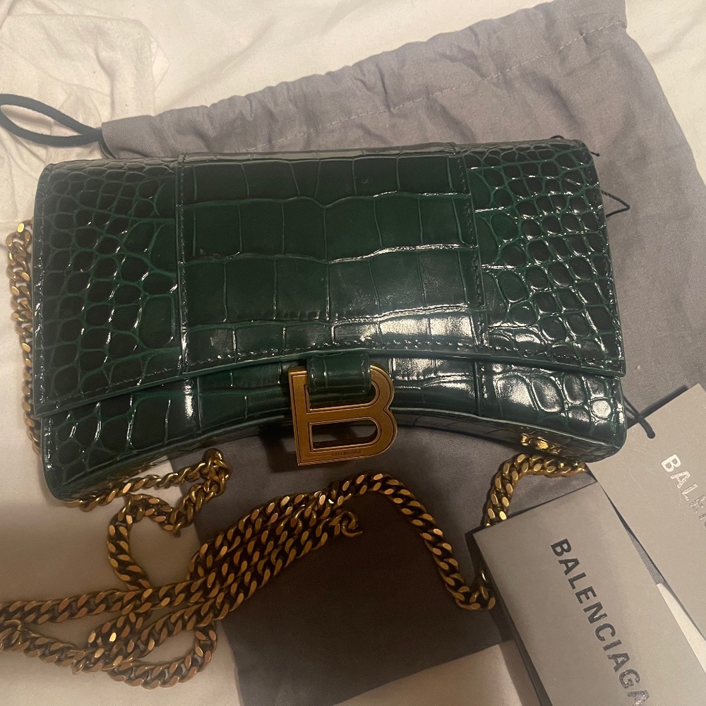 Balenciaga hourglass green croc wallet on chain